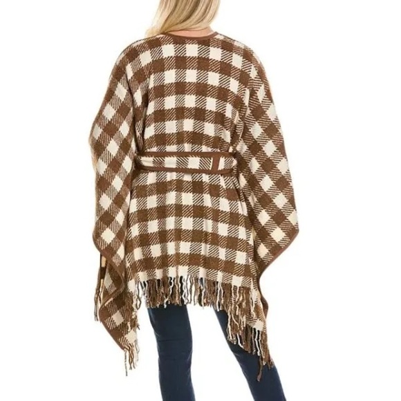 Pearl by Lela Rose Checked Wool-Blend Cape ONE Size Fringe brown belted - Picture 9 of 9